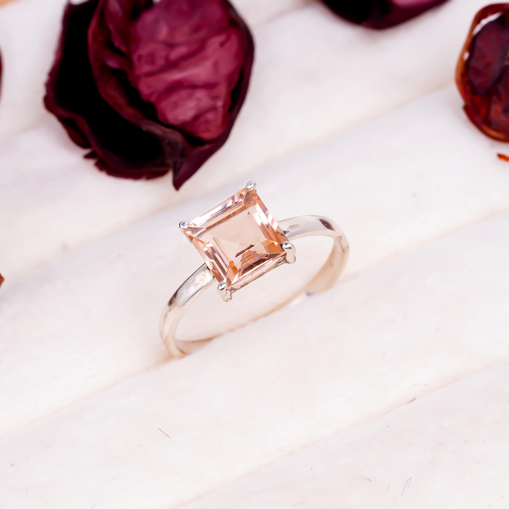 Square Peach Rings Peach Morganite Ring • Square Cut Solitaire Ring • Sterling Silver ...