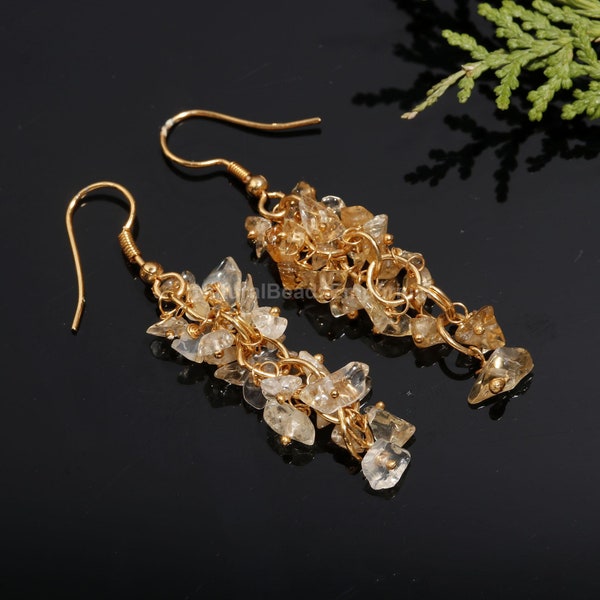 Natural Citrine Chips Gemstone Earring, Handmade Dangle Women Earrings, Minimalist Designer Gold Plated Earrings, Birthstone Earring, Sale