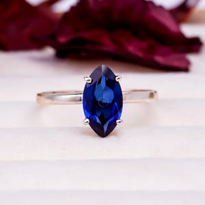Blue Sapphire Ring • Marquise Cut Engagement Ring • Sterling Silver Promise Ring • September Birthstone Gift • Handmade Jewelry Gift For Her