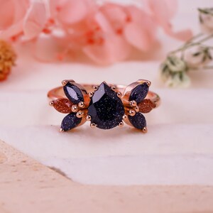 Blue Sandstone Ring Rose Gold, Pear Shape Engagement Ring, Galaxy Stone Ring, Vintage Leaf Ring, Unique Promise Ring for Her, Gift Jewelry