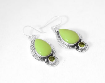 Natural Green Peridot Round Shape Silver Earrings, Premium Gemstone Women Earrings, Handmade Gift Silver plated Earrings For Women Jewelry