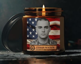Bougie commémorative personnalisée du soldat tombé au combat | Commémoration militaire personnalisée | Hommage familial étoile d'or | Cadeau commémoratif d'ancien combattant