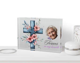 Bloc acrylique personnalisé commémoratif avec photo, croix personnalisée, cadeau de sympathie, en souvenir, cadeau chrétien, souvenir de deuil