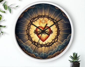 Horloge murale du Sacré-Cœur, décoration murale chrétienne, horloge religieuse catholique, art du Sacré-Cœur de Jésus, décoration d'intérieur foi, cadeau chrétien