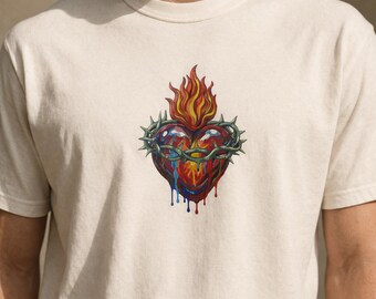 T-shirt sacré-coeur, t-shirt graphique religieux, chemise coeur de Jésus, streetwear chrétien, chemise religieuse de style vintage, cadeau catholique
