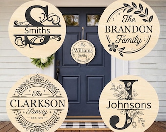 Accroche-porte rond en bois pour nom de famille personnalisé - nom de famille monogramme personnalisé - décoration murale pour entrée de ferme - cadeau de pendaison de crémaillère