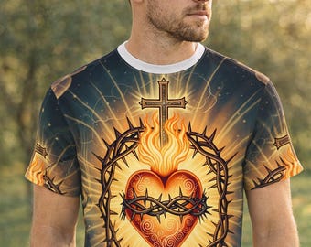 Chemise Sacré-Cœur de Jésus, T-shirt chrétien catholique, Chemise croix couronne d'épines, Vêtements religieux, Cadeau chrétien pour homme, femme
