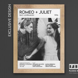 May include: Black and white poster for the movie "Romeo + Juliet" directed by Baz Luhrmann. The poster features a close-up of Leonardo DiCaprio and Claire Danes as Romeo and Juliet. The text "Romeo + Juliet" and "Baz Luhrmann" are printed in white on a black background. The year "1996" is printed in white on a black background in the top right corner.