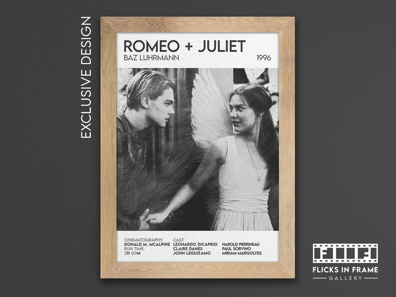 May include: Black and white poster for the movie "Romeo + Juliet" directed by Baz Luhrmann. The poster features a close-up of Leonardo DiCaprio and Claire Danes as Romeo and Juliet. The text "Romeo + Juliet" and "Baz Luhrmann" are printed in white on a black background. The year "1996" is printed in white on a black background in the top right corner.