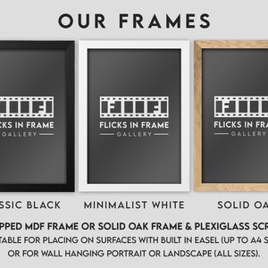 May include: Three picture frames, one black, one white, and one wood, with the text "FLICKS IN FRAME GALLERY" on each. The frames are suitable for placing on surfaces with a built-in easel or for wall hanging.