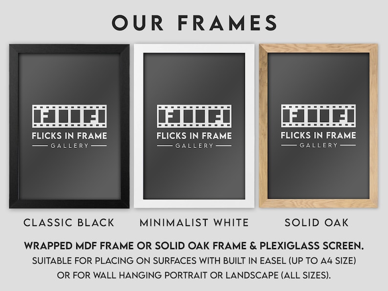 May include: Three picture frames, one black, one white, and one wood, with the text "FLICKS IN FRAME GALLERY" on each. The frames are suitable for placing on surfaces with a built-in easel or for wall hanging.