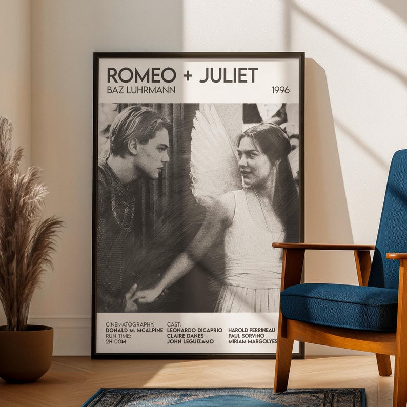 Romeo + Juliet Inspired Movie Art Print: Cinema Film Poster, Pencil Sketch Style Design image 1