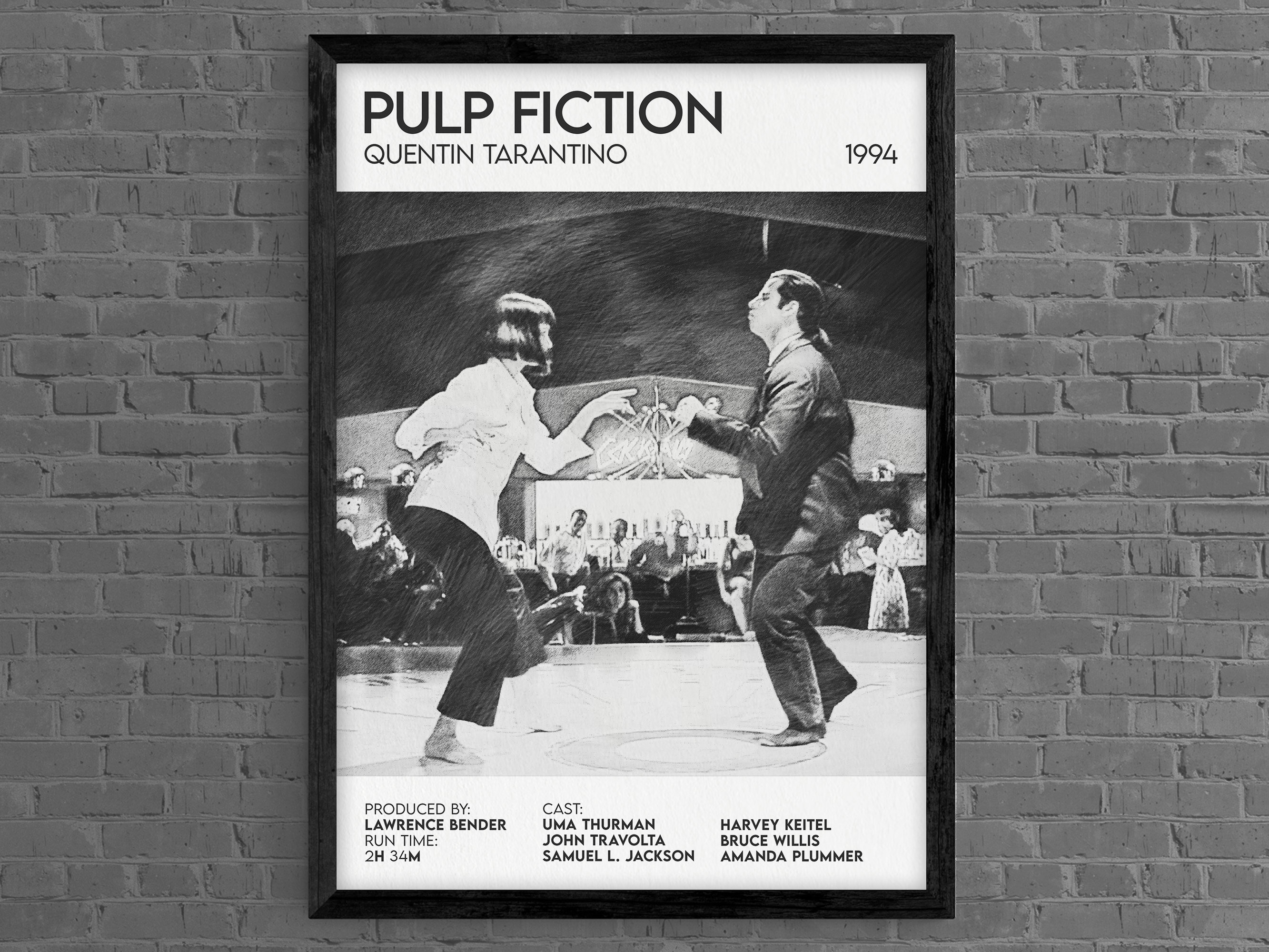 Pulp Fiction Film Poster, Mia and Vince, Uma Thurman, John Travolta,  Quentin Tarantino, Jack Rabbit Slims, Original Art Print 