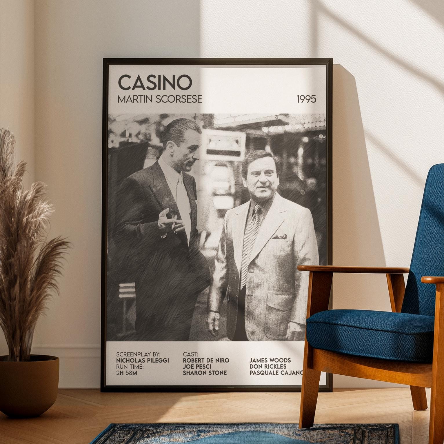 Casino Inspired Premium Movie Film Poster Print Framed Original Design Pencil Sketch Drawing Cinema Black White Home Theatre Style Art 1995