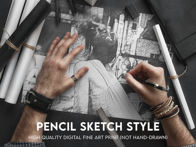 May include: A black and white pencil sketch style digital art print of a person drawing on a piece of paper. The text "PENCIL SKETCH STYLE" and "HIGH QUALITY DIGITAL FINE ART PRINT (NOT HAND-DRAWN)" is at the bottom of the image.