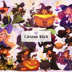 Illustrazioni di streghe dei cartoni animati. Personaggio femminile fantasy fiabesco e divertente, streghe oscure con libri di incantesimi, scope, calderoni / Clip art PNG
