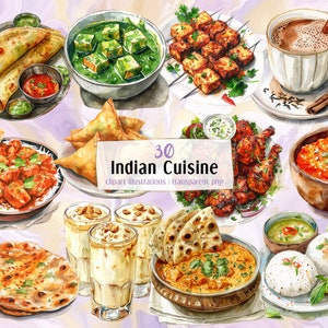 Ilustraciones de cocina india. Deliciosos platos y postres, comida de la India, pollo tandoori biryani samosa paneer dosa naan / PNG clip arts