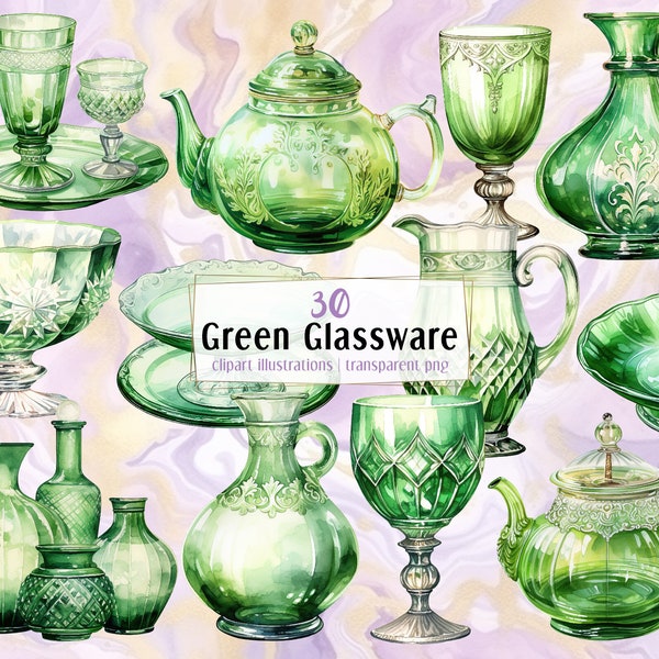 Green glassware. Watercolor style illustrations. Elegant green crystal glass dishware, drinkware, tea pot, plate, vase, tray | PNG clip arts