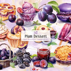 Ilustracje w stylu akwareli Plum Dessert. Ciasto owocowe, dżem ze świeżych owoców, fioletowe lody, suszone śliwki, ciasto, ciasto owocowe | PNG clipart