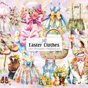Osterkleidung Illustrationen. Urlaub Themen-Outfits, Frühlingskleid, Blumensonnenhüte, Schleifen, Anzüge, verzierte bunte Schuhe | PNG-Clipart
