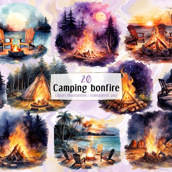 Camping bonfire at night time. Campfire, tent and dark cozy fire pit set at dark woods and sunset beach seaside | PNG clip art illustrations