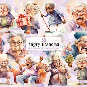 Ilustraciones de la abuela de dibujos animados enojados. Divertidas y tontas ancianas cómicas, abuelas tristes y decepcionadas, abuelas de pelo plateado / imágenes prediseñadas PNG
