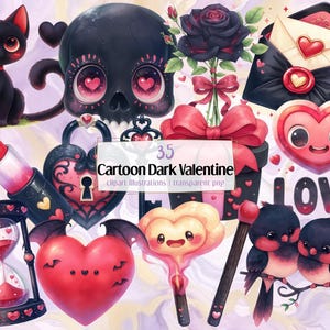 Desenho animado de Dia dos Namorados Sombrio | Ilustração PNG. Corações, rosa vermelha, romance kawaii e sombrio, caveira fofa, gato preto, estética gótica emo.