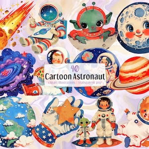 Może przedstawiać: Kolekcja 40 ilustracji clipart z kreskówkowymi astronautami. Obrazy przedstawiają astronautów, planety, kosmitów i elementy kosmiczne w stylu vintage i kolorowym. Widoczny jest tekst "Cartoon Astronaut".