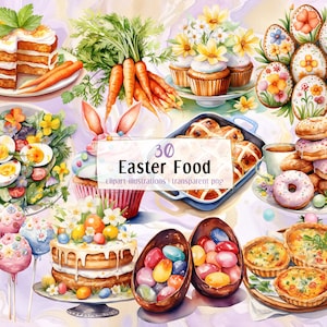 Op de afbeelding: Een verzameling van 30 aquarel illustraties van Paasvoedsel, waaronder cupcakes, donuts, cake pops, salade, hot cross buns en paaseieren. De illustraties zijn op een lichtpaarse achtergrond met een aquareleffect.