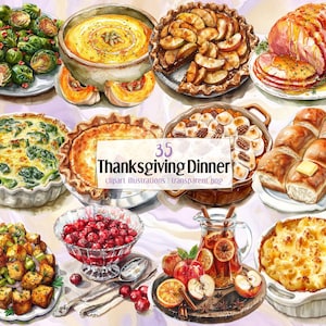 Illustraties Thanksgiving-diner. Traditionele vakantiegerechten, desserts, drankjes, troostmaaltijden, kalkoen-pompoenbraadpan | PNG-clip arts