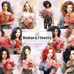 Mujer sosteniendo ilustraciones de flores. Hembras con románticos ramos de flores rojas y rosas. San Valentín, celebración del Día de la Mujer / Imágenes prediseñadas PNG