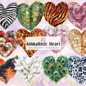 Ilustrações de corações animalescos. Elemento de design em forma de coração feito de pele de animal, padrão de escamas, penas, lã, cobra zebra | Clip-arts PNG