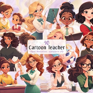 Cartoon vrouwelijke leraar illustraties. Leraren op school, slimme vrouwelijke professoren en instructeurs, wetenschap, sport, koffie drinken | PNG-illustraties