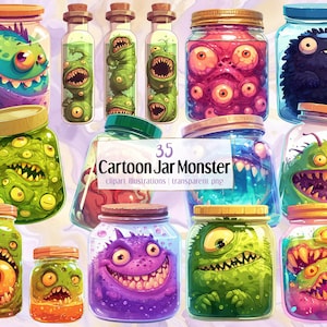 Cartoon Jar Monster, digital illustrations. Cute funny creatures, funky science experiments, colorful spooky alien specimen | PNG clip arts