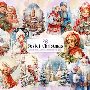 Illustrazioni in stile cartolina di Natale sovietico. Disegni festivi tradizionali, paesaggi invernali della città, clip art di Babbo Natale russo/PNG
