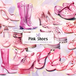 Ilustrações de sapatos rosa. Lindos pares de sapatos da moda, sapatos fofos de penas, saltos femininos, botas de cano alto, fitas femininas | clipart PNG