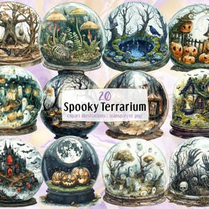 Ilustraciones de terrarios espeluznantes. Escenas de Halloween de fantasía surrealista en cúpulas de cristal, cementerios, huertos de calabazas, lugares abandonados / Imágenes prediseñadas PNG