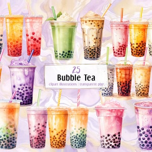 May include: Watercolor illustration of 25 bubble tea drinks in various colors, including orange, purple, green, and brown. Each drink is in a clear plastic cup with a straw. The image includes the text "25 Bubble Tea" and "clipart illustrations | transparent png".