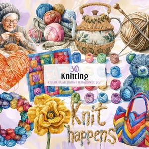 Illustrations de tricot. Passe-temps au crochet, outils de création, pelote de laine, laine, jouets et éléments tricotés, tricots, sac en tricot artisanal | Image clipart PNG