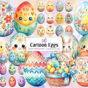 Cartoon Ostereier Illustrationen. Festliches Ei mit bunten Mustern, niedlichen Gesichtern und entzückenden Tieren | PNG-Clipart