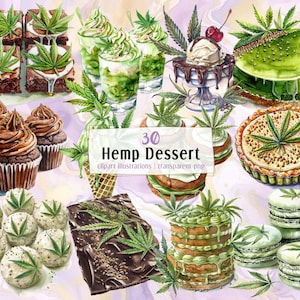 Hemp Dessert illustrations. Green cannabis leaves, weed edibles, sativa plant flavored desserts, hemp seeds treats, brownies | PNG clip arts
