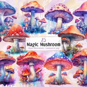 Magische paddenstoel, kleurrijke illustraties in aquarelstijl. Mysterieuze, mystieke, fantasierijke, dromerige, psychedelische bospaddenstoelen | PNG-illustraties