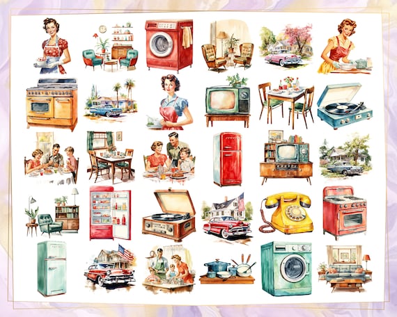 50 年代のアメリカの家族生活、水彩画風のイラスト。レトロな