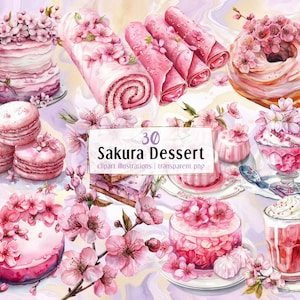 桜のデザートのイラスト。季節のデザート、繊細なピンクの桜の花、クリーミーなケーキ、花柄のドリンク、ドーナツ | PNG クリップ アート