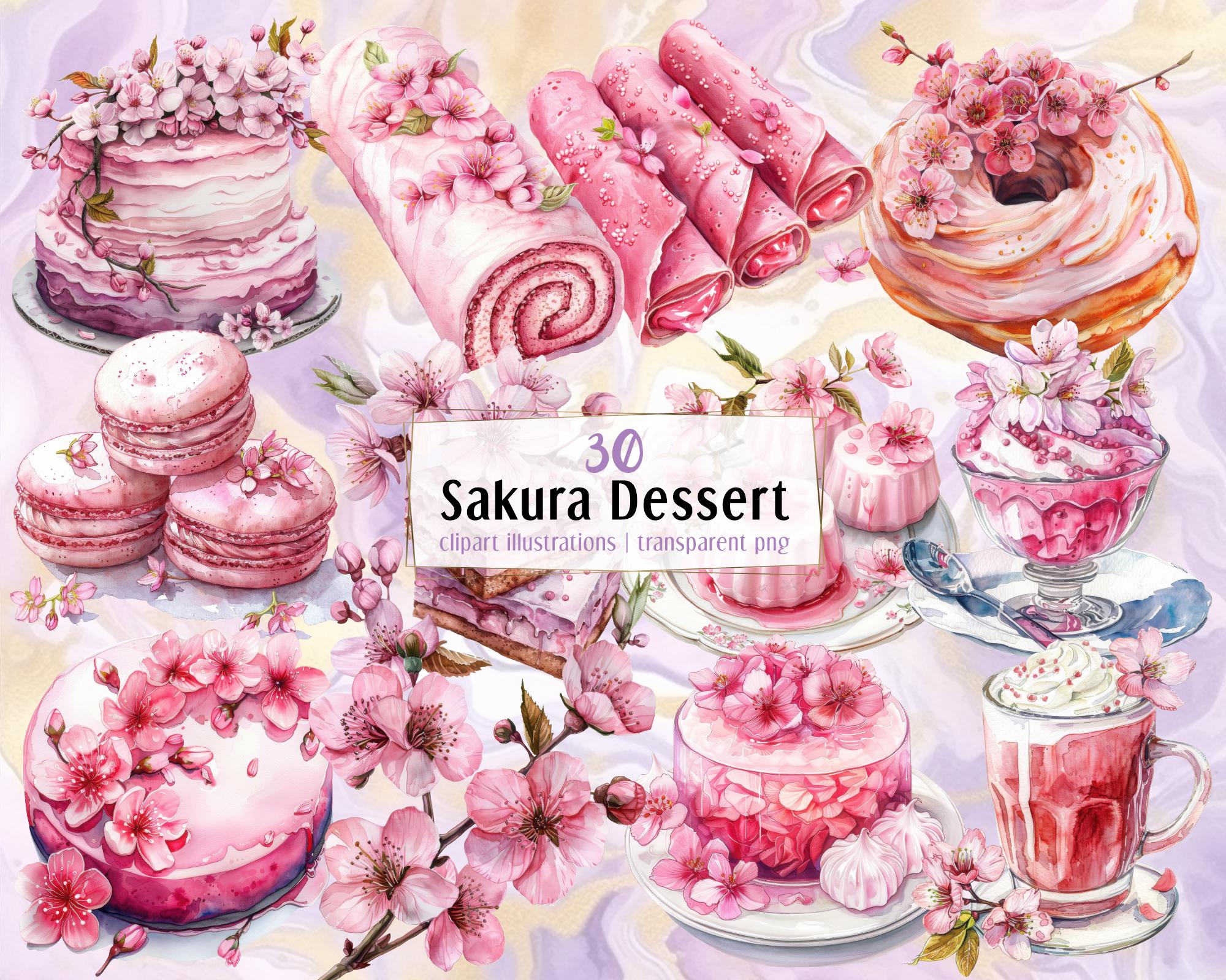桜のデザートのイラスト。季節のデザート、繊細なピンクの桜の花