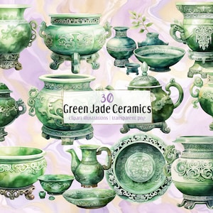 May include: 30 watercolor illustrations of green jade ceramic vases, bowls, plates, and teapots. The illustrations are on a white background with a marble effect.