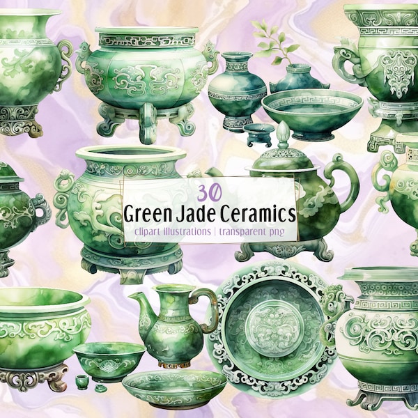 Green Jade Ceramics. Watercolor style illustrations. Elegant jadeware, mineral gemstone drinkware, tea pot, plate, vase tray | PNG clip arts