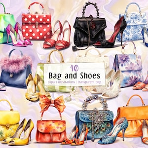 Illustrations de sacs et de chaussures. Sacs à la mode et ensemble de chaussures assorties, accessoires de mode féminins, articles assortis colorés, talons | Image clipart PNG