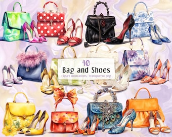 May include: A collection of 40 watercolor illustrations of handbags and shoes. The handbags are in various styles and colors, including red, green, blue, yellow, and orange. The shoes are also in various styles and colors, including black, white, red, and blue.