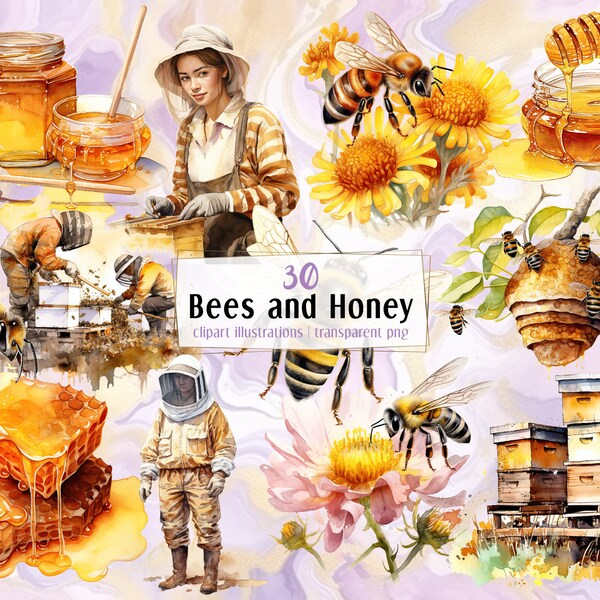 Bees and Honey. Watercolor style illustrations. Beekeeping objects, honey making, people, bees, flowers, beehive, honeycomb | PNG clip arts
